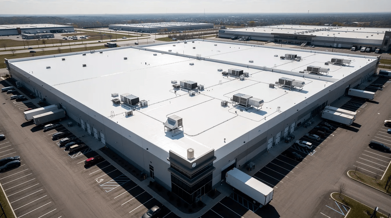 An aerial view of a large commercial building showcases a white flat roof membrane, indicative of modern flat roofing materials designed for energy efficiency. The roof structure appears well-maintained, highlighting the importance of proper installation and maintenance in commercial flat roofing systems.