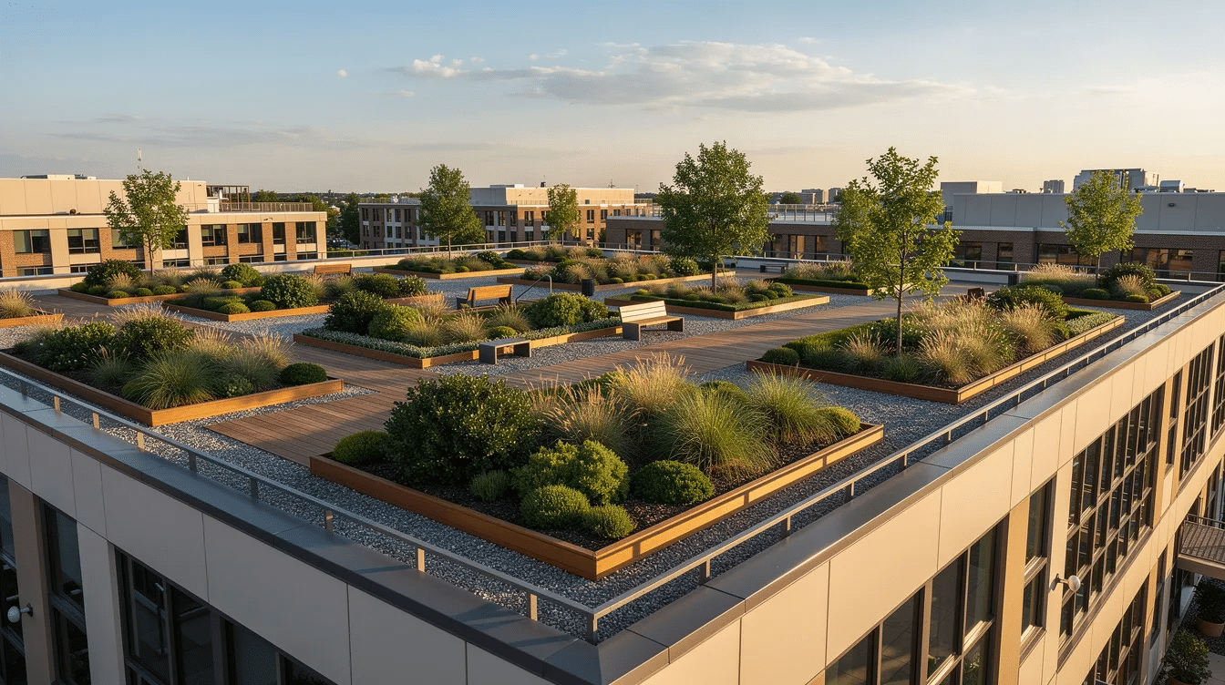 The image depicts a vibrant rooftop garden atop a flat commercial building, showcasing various plants thriving in containers and planters. This green space highlights the potential of utilizing flat roofing areas for urban gardening, contributing to energy efficiency and environmental sustainability.