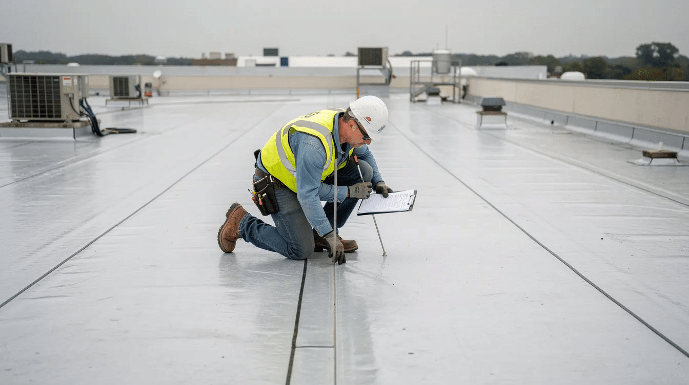 A roofing professional is inspecting the membrane seams on a flat commercial roof, ensuring proper installation and integrity of the roofing system. The image highlights the importance of maintaining flat roofing materials to enhance energy efficiency and extend the service life of the roof structure.