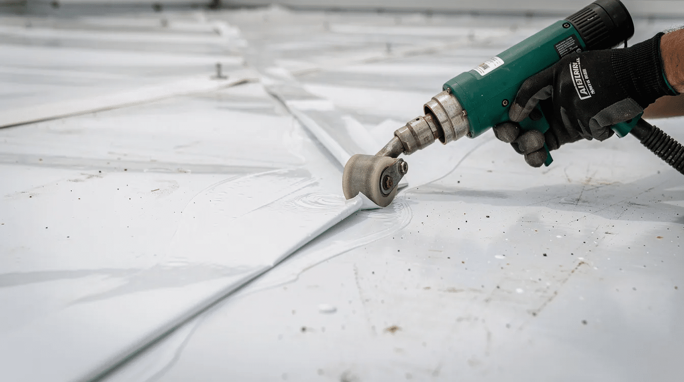 A close-up view captures a white thermoplastic membrane being heat welded on a flat roof, showcasing the proper installation of roofing materials essential for ensuring the roof's integrity and energy efficiency. This technique is crucial for creating durable, heat welded seams that contribute to the longevity of commercial flat roofing systems.